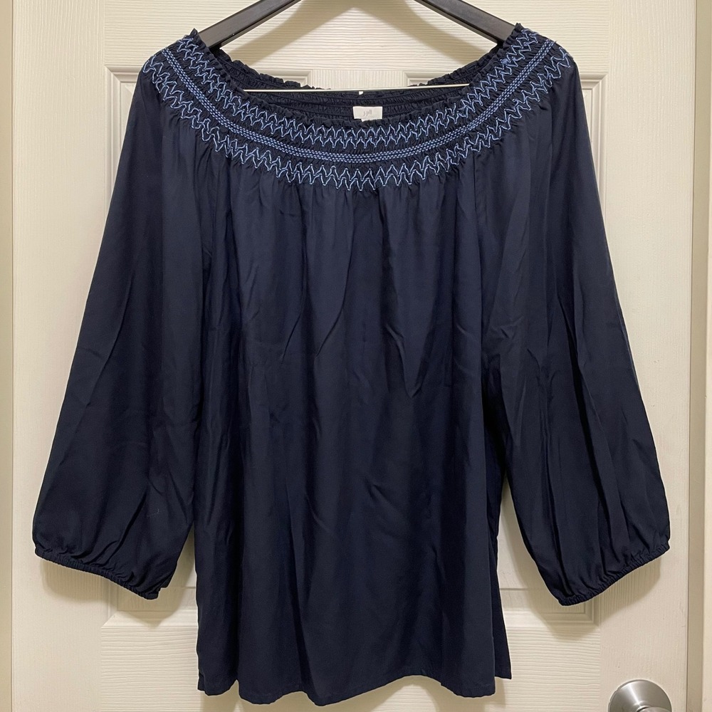 J.Jill Smocked 2 Way A-Line Top Navy Blue On or Off‎ Shoulder Large Boho Peasant